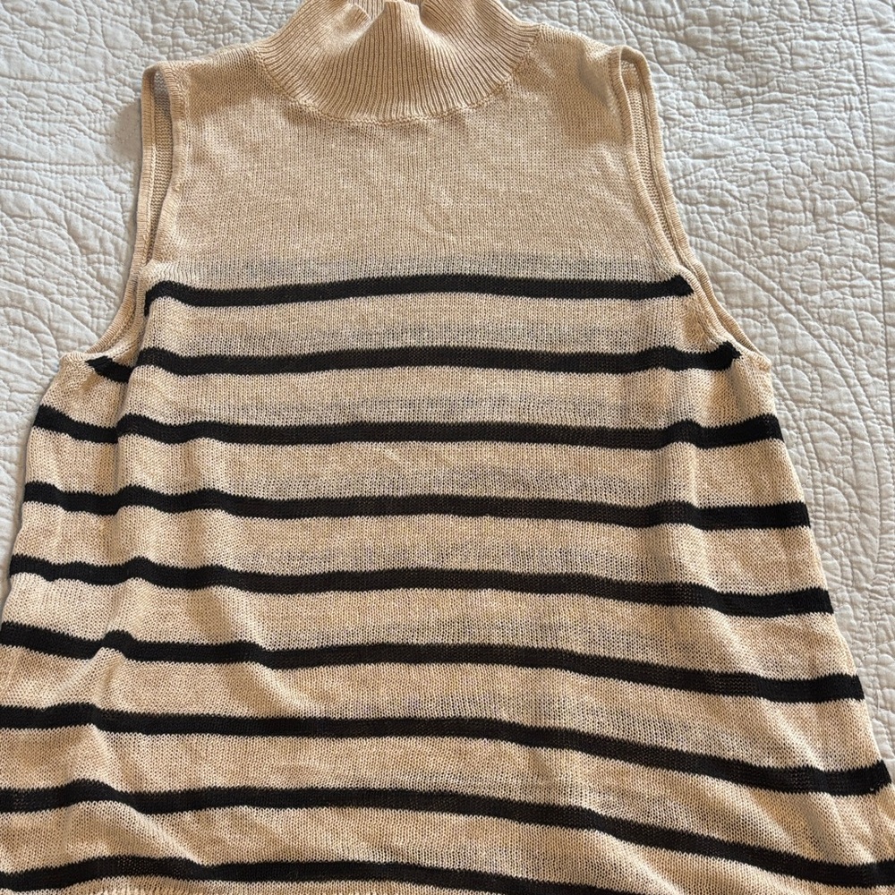 Sleeveless Mock Neck Striped Knit Top - Cream & Black
